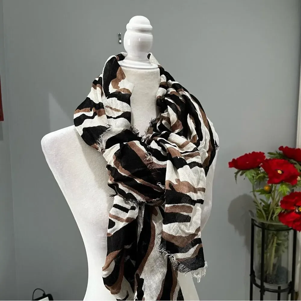NEW Ann Taylor Loft Linen Multicolor Raw Hem Oversized Neutral Wrap Scarf OS NWT